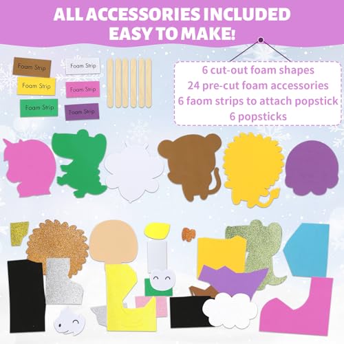 VKPI 6 Popstick Puppets Craft Kit – Foam Animal Puppets for Kids, Ages 4+