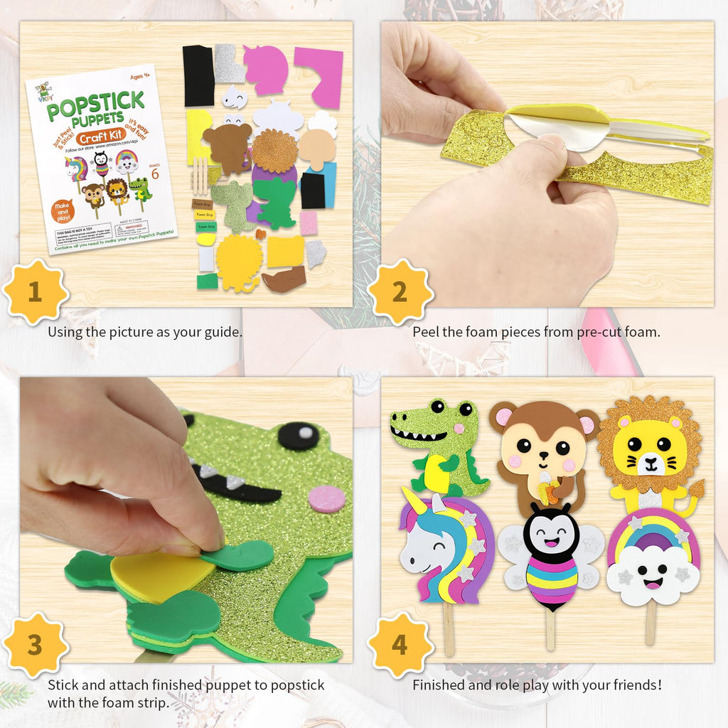 VKPI 6 Popstick Puppets Craft Kit – Foam Animal Puppets for Kids, Ages 4+