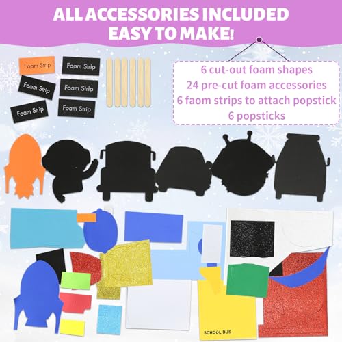 VKPI Popstick Puppets Craft Kit – 6 Foam Art Projects for Kids Ages 4+ (Car & Space Theme)