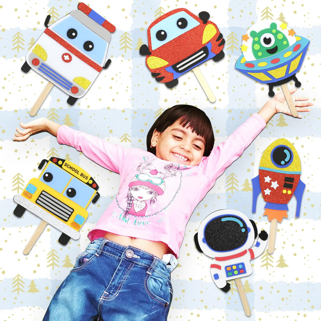 VKPI Popstick Puppets Craft Kit – 6 Foam Art Projects for Kids Ages 4+ (Car & Space Theme)