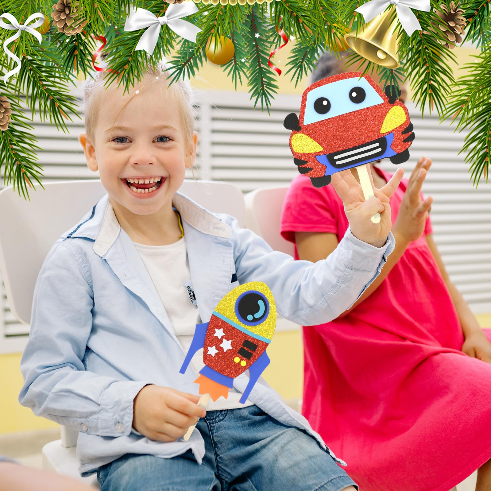 VKPI Popstick Puppets Craft Kit – 6 Foam Art Projects for Kids Ages 4+ (Car & Space Theme)