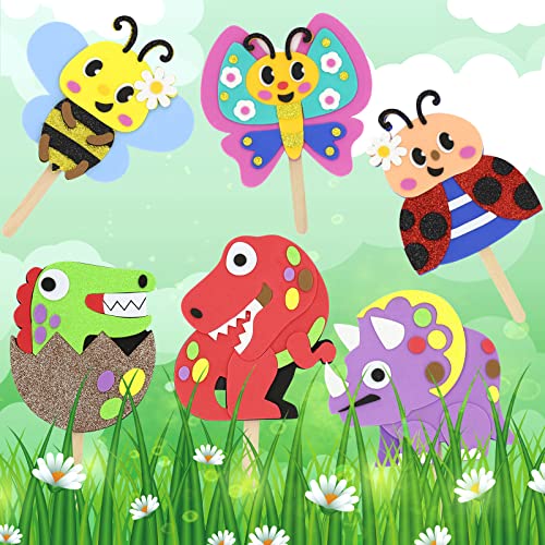 VKPI Popstick Puppets Craft Kit for Kids Ages 4+ – 6 Foam Dinosaur & Butterfly Puppets, No Glue Needed