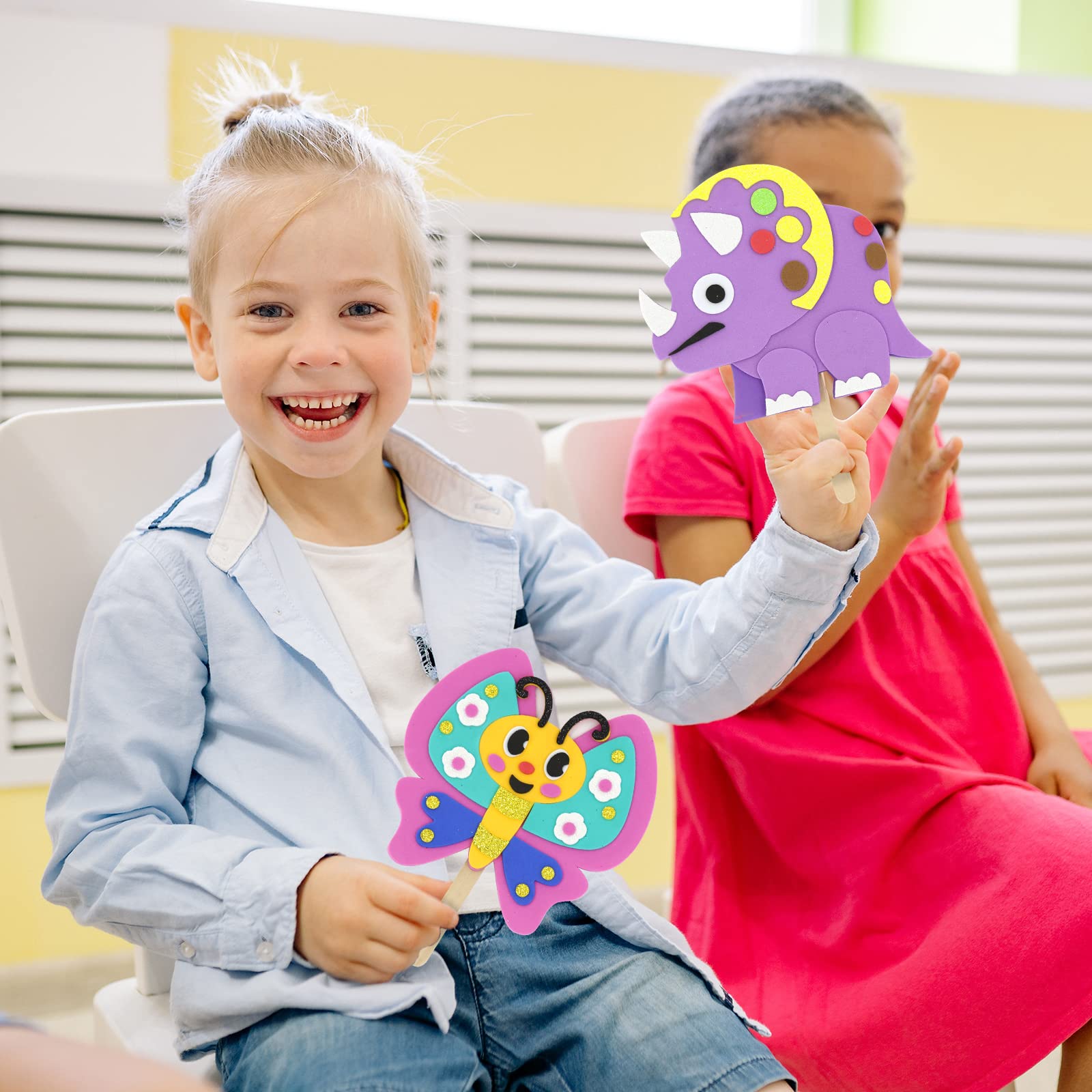 VKPI Popstick Puppets Craft Kit for Kids Ages 4+ – 6 Foam Dinosaur & Butterfly Puppets, No Glue Needed