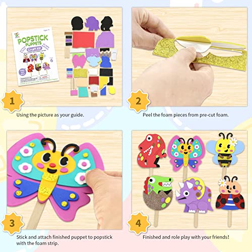 VKPI Popstick Puppets Craft Kit for Kids Ages 4+ – 6 Foam Dinosaur & Butterfly Puppets, No Glue Needed