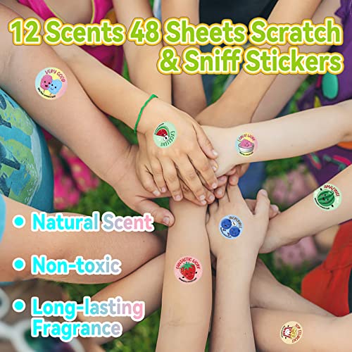 VKPI Scratch and Sniff Stickers – 1152 Pieces, 12 Scents, 48 Sheets, Natural Fragrance, Reusable – Perfect for Kids Rewards, Teachers, Party Favors, and Christmas Gifts