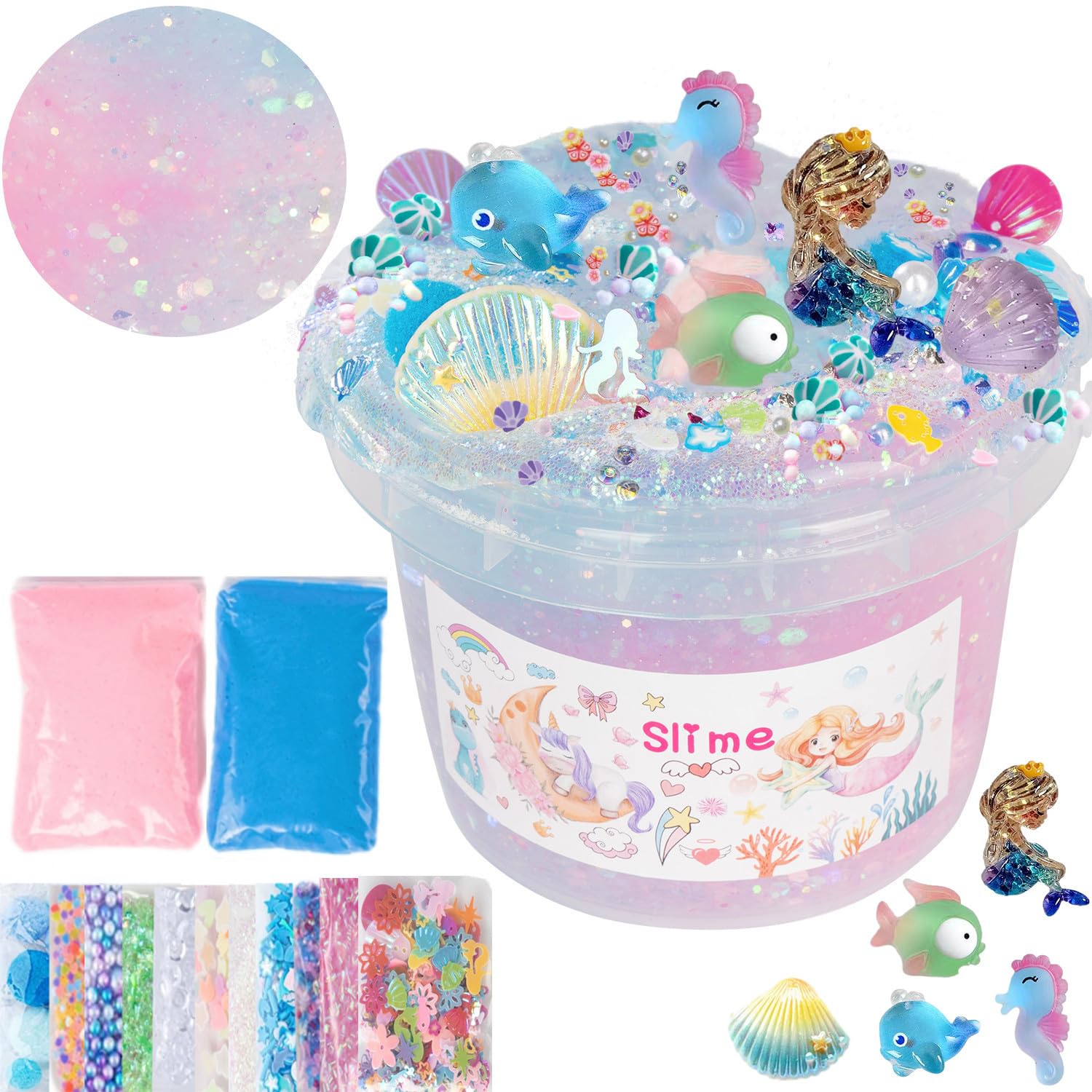 Vomkela Mermaid Slime Kit - Clear & Cloud Slime Bucket with 300ml Pink Slime, 12 Fillings, 5 Resin Accessories - DIY Stress Relief Toy for Kids Birthday Party