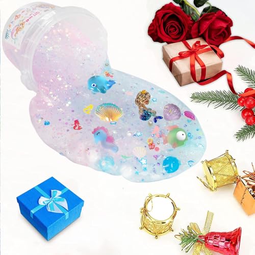 Vomkela Mermaid Slime Kit - Clear & Cloud Slime Bucket with 300ml Pink Slime, 12 Fillings, 5 Resin Accessories - DIY Stress Relief Toy for Kids Birthday Party