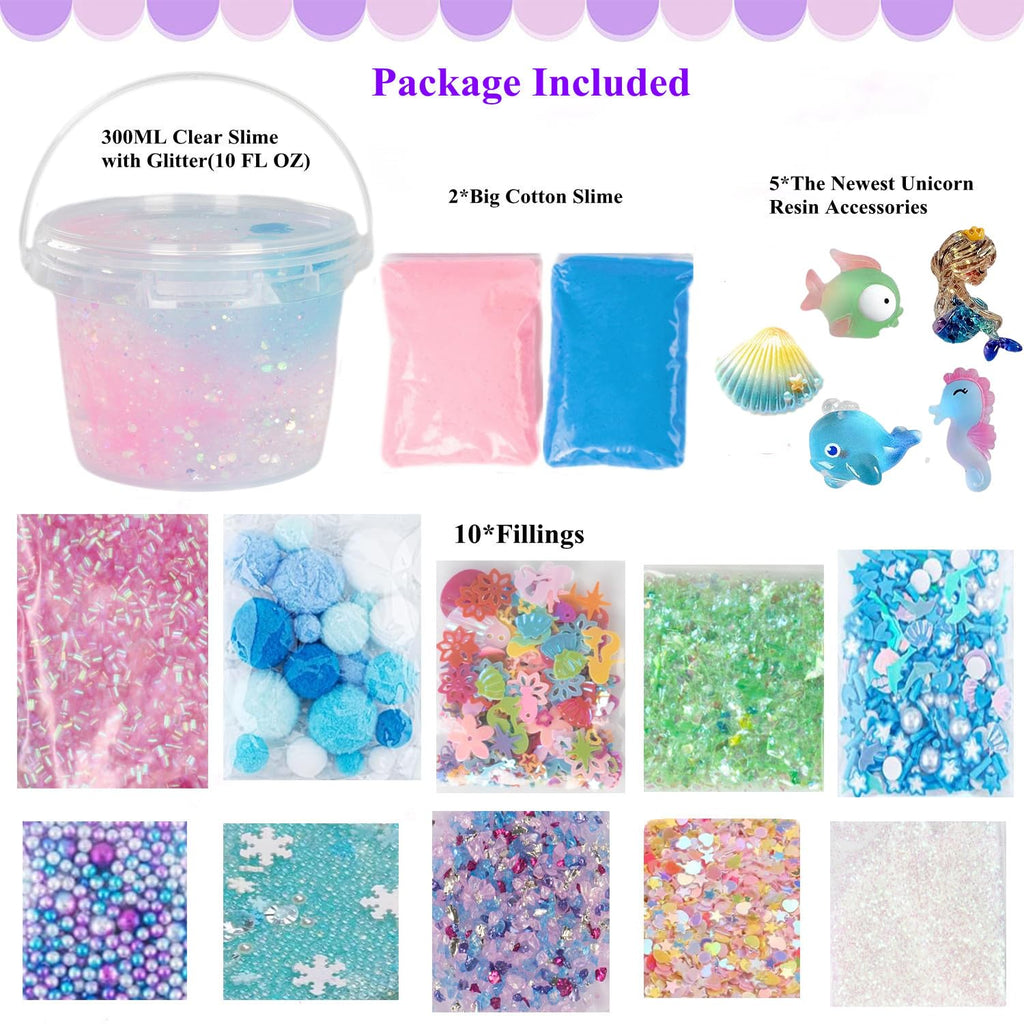 Vomkela Mermaid Slime Kit - Clear & Cloud Slime Bucket with 300ml Pink Slime, 12 Fillings, 5 Resin Accessories - DIY Stress Relief Toy for Kids Birthday Party