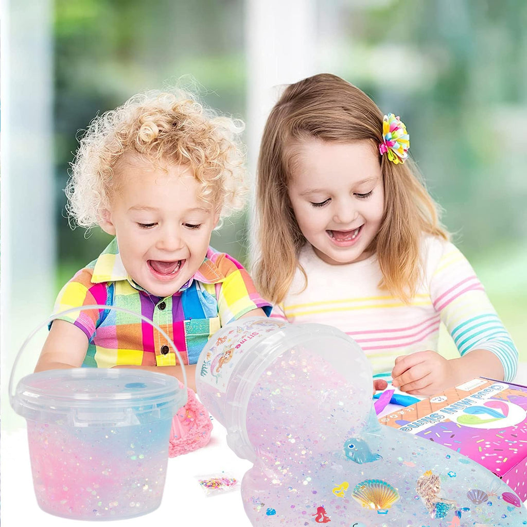 Vomkela Mermaid Slime Kit - Clear & Cloud Slime Bucket with 300ml Pink Slime, 12 Fillings, 5 Resin Accessories - DIY Stress Relief Toy for Kids Birthday Party