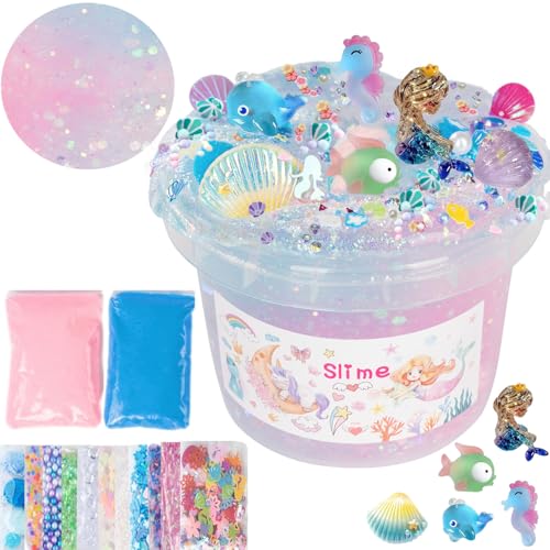 Vomkela Mermaid Slime Kit - Clear & Cloud Slime Bucket with 300ml Pink Slime, 12 Fillings, 5 Resin Accessories - DIY Stress Relief Toy for Kids Birthday Party