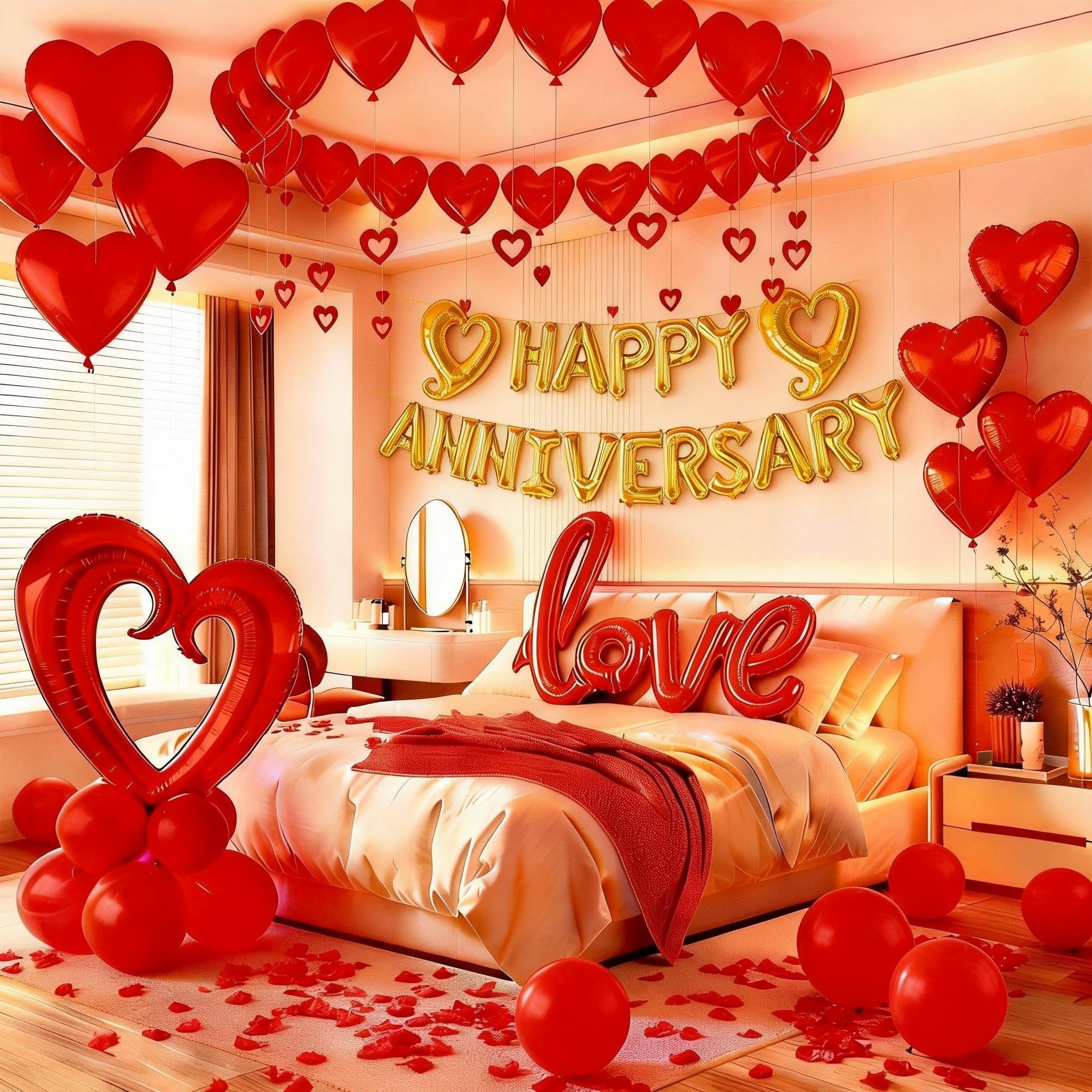 Vurxanqo 100-Piece Red Foil & Latex Anniversary Decorations Set with Heart Balloons, Pendants, and Rose Petals