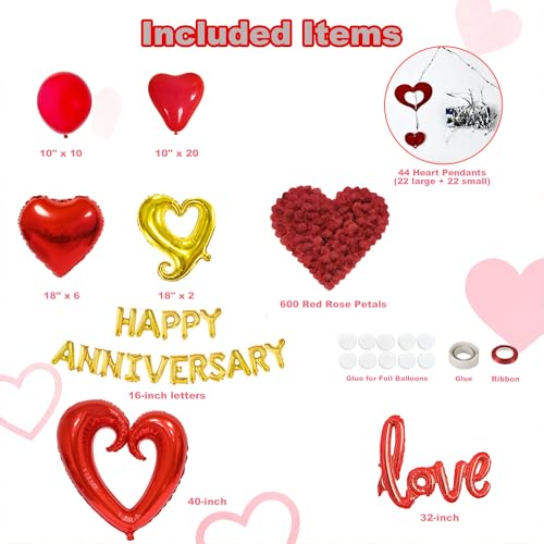 Vurxanqo 100-Piece Red Foil & Latex Anniversary Decorations Set with Heart Balloons, Pendants, and Rose Petals