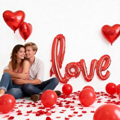 Vurxanqo 100-Piece Red Foil & Latex Anniversary Decorations Set with Heart Balloons, Pendants, and Rose Petals
