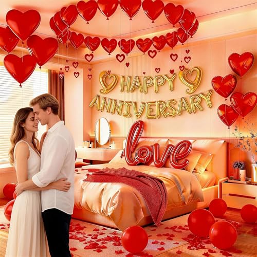 Vurxanqo 100-Piece Red Foil & Latex Anniversary Decorations Set with Heart Balloons, Pendants, and Rose Petals