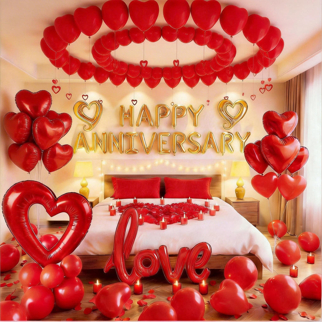 Vurxanqo 100-Piece Red Foil & Latex Anniversary Decorations Set with Heart Balloons, Pendants, and Rose Petals