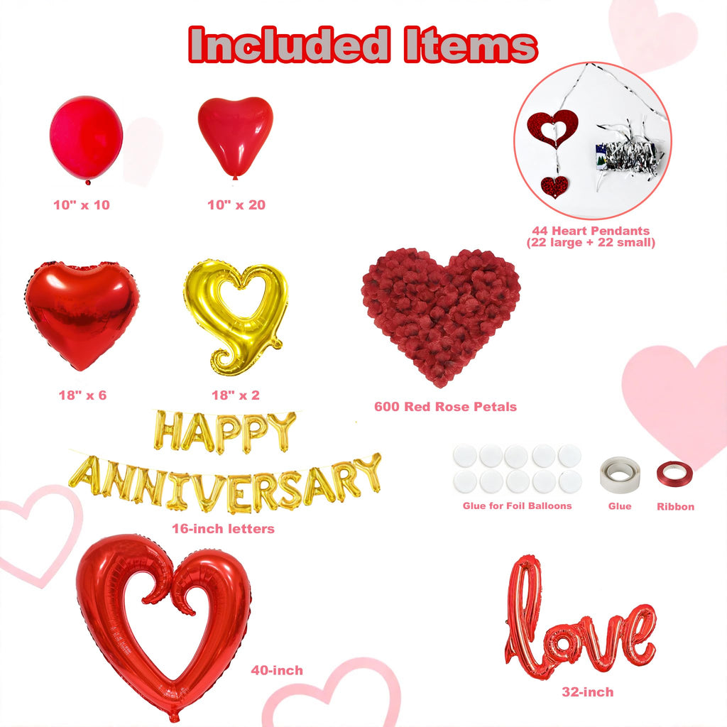 Vurxanqo 100-Piece Red Foil & Latex Anniversary Decorations Set with Heart Balloons, Pendants, and Rose Petals