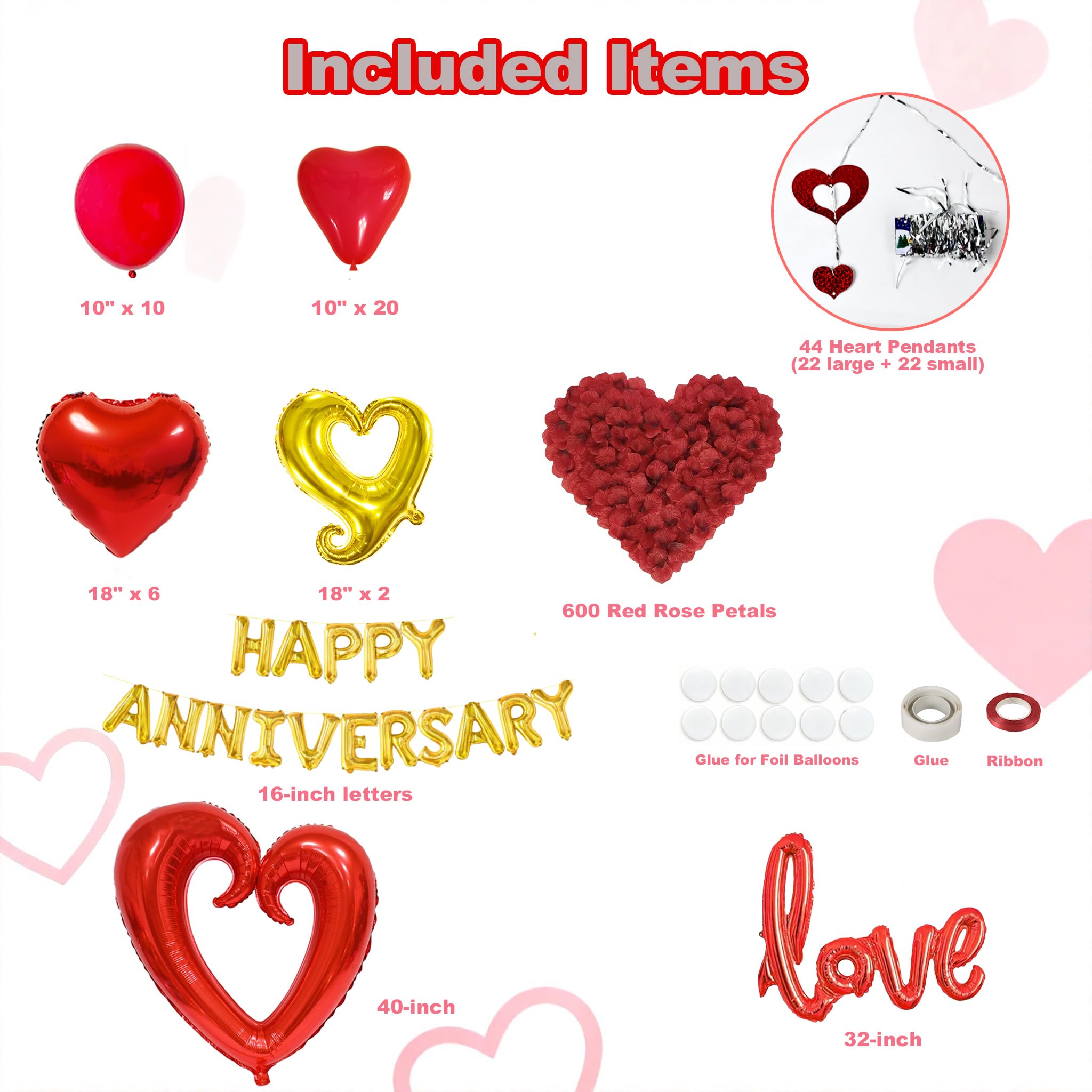 Vurxanqo 100-Piece Red Foil & Latex Anniversary Decorations Set with Heart Balloons, Pendants, and Rose Petals