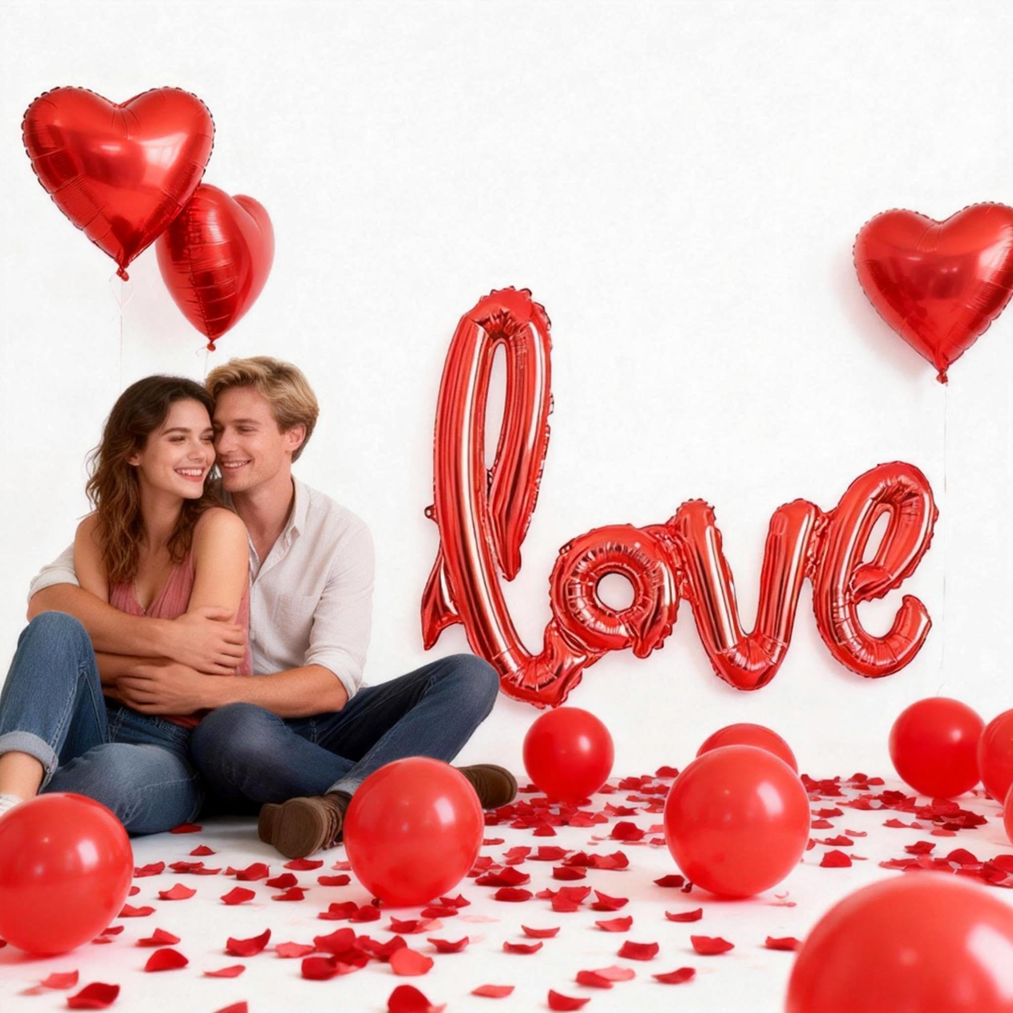 Vurxanqo 100-Piece Red Foil & Latex Anniversary Decorations Set with Heart Balloons, Pendants, and Rose Petals