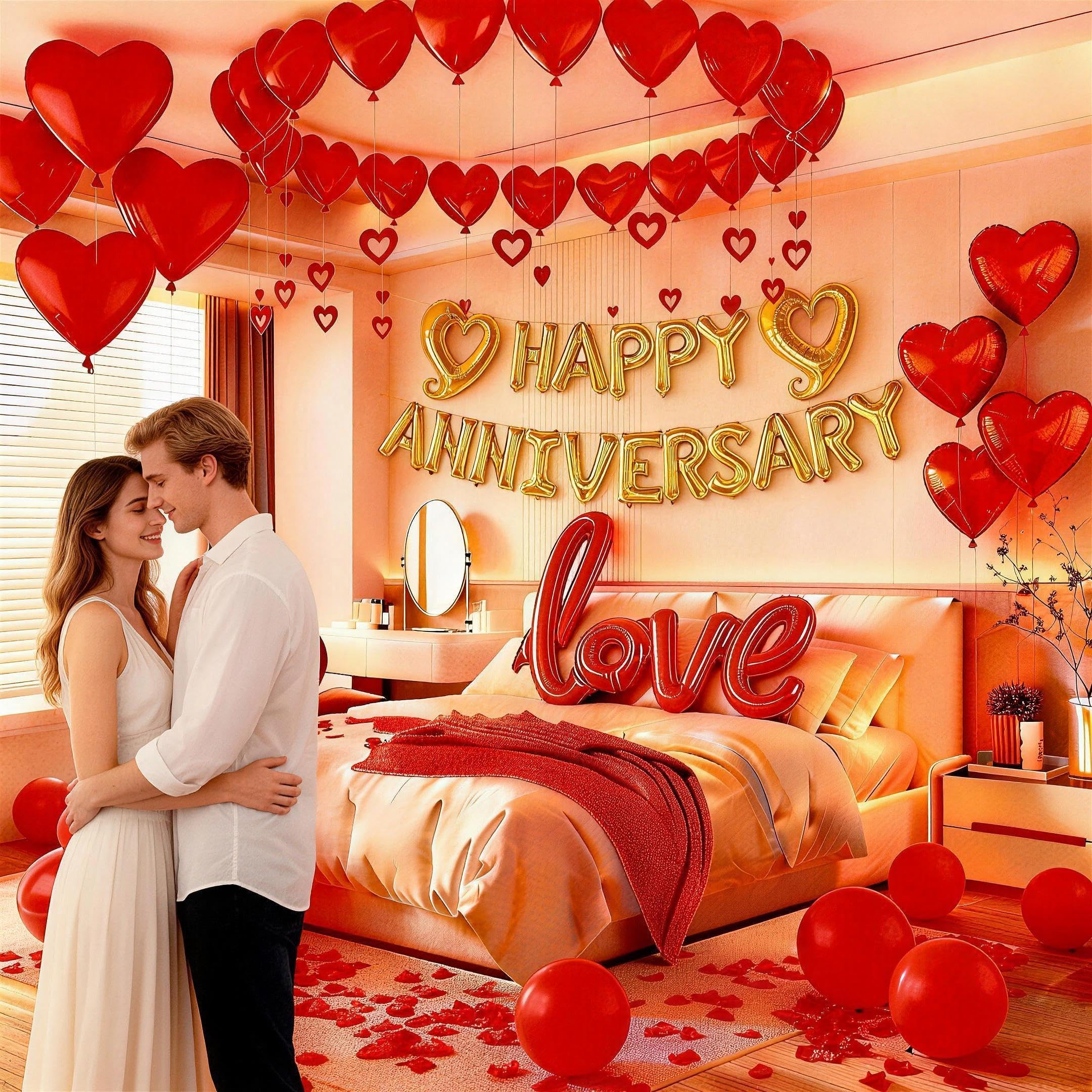 Vurxanqo 100-Piece Red Foil & Latex Anniversary Decorations Set with Heart Balloons, Pendants, and Rose Petals