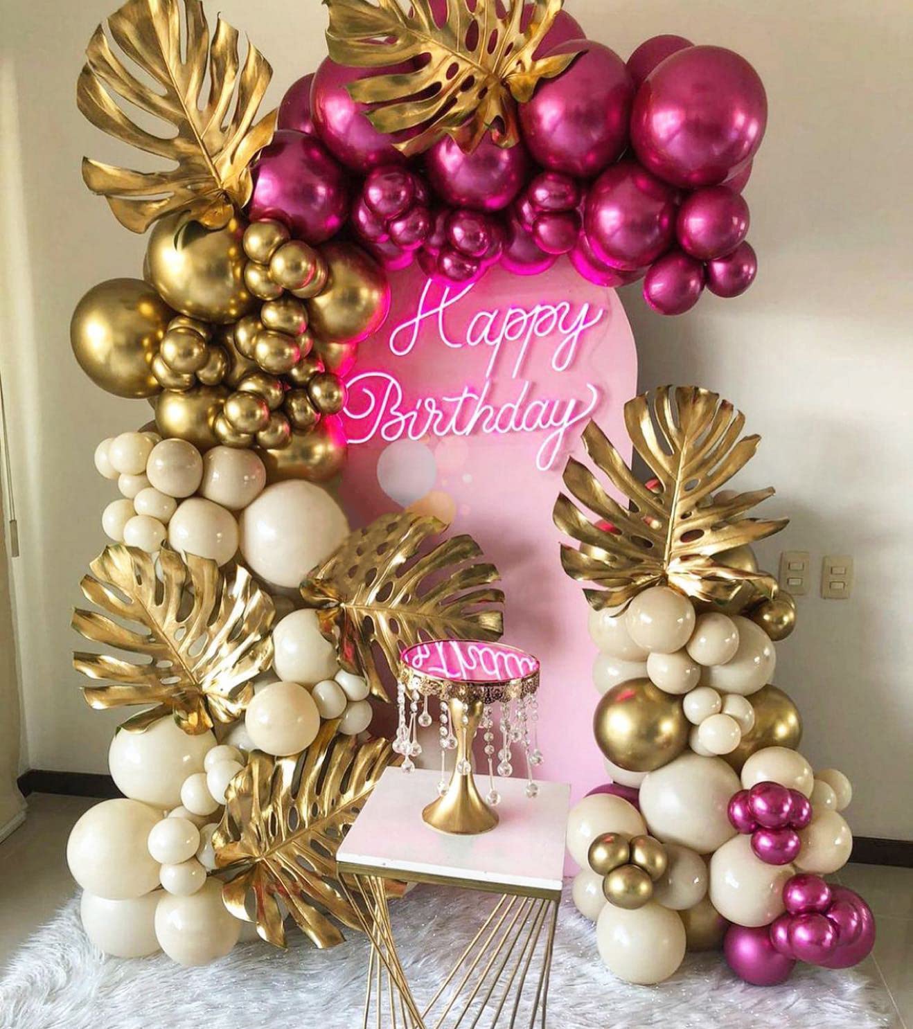 Vurxanqo Metallic Magenta, Gold & White Balloon Garland Arch Kit - 134 Balloons for Bachelorette, Birthday Party Decor