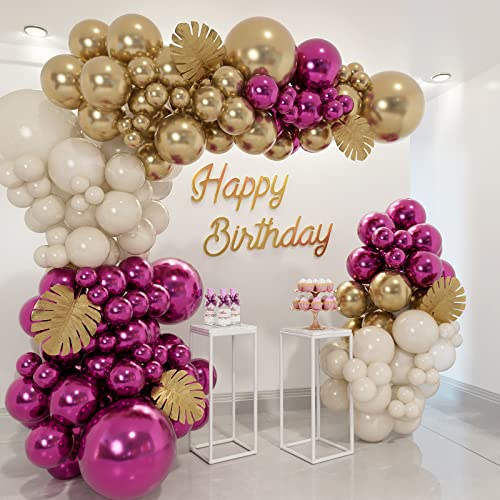 Vurxanqo Metallic Magenta, Gold & White Balloon Garland Arch Kit - 134 Balloons for Bachelorette, Birthday Party Decor