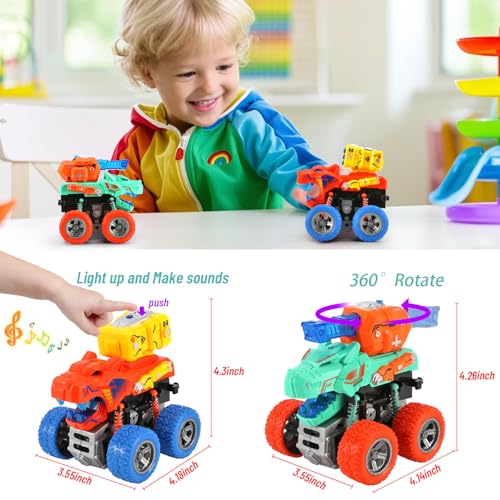 VUSUMOK 2-Pack Dinosaur Monster Trucks: Push-and-Go Toys with Lights and Sounds for Ages 2-7
