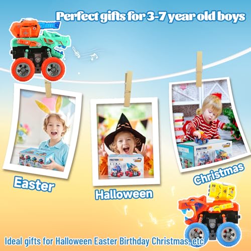VUSUMOK 2-Pack Dinosaur Monster Trucks: Push-and-Go Toys with Lights and Sounds for Ages 2-7