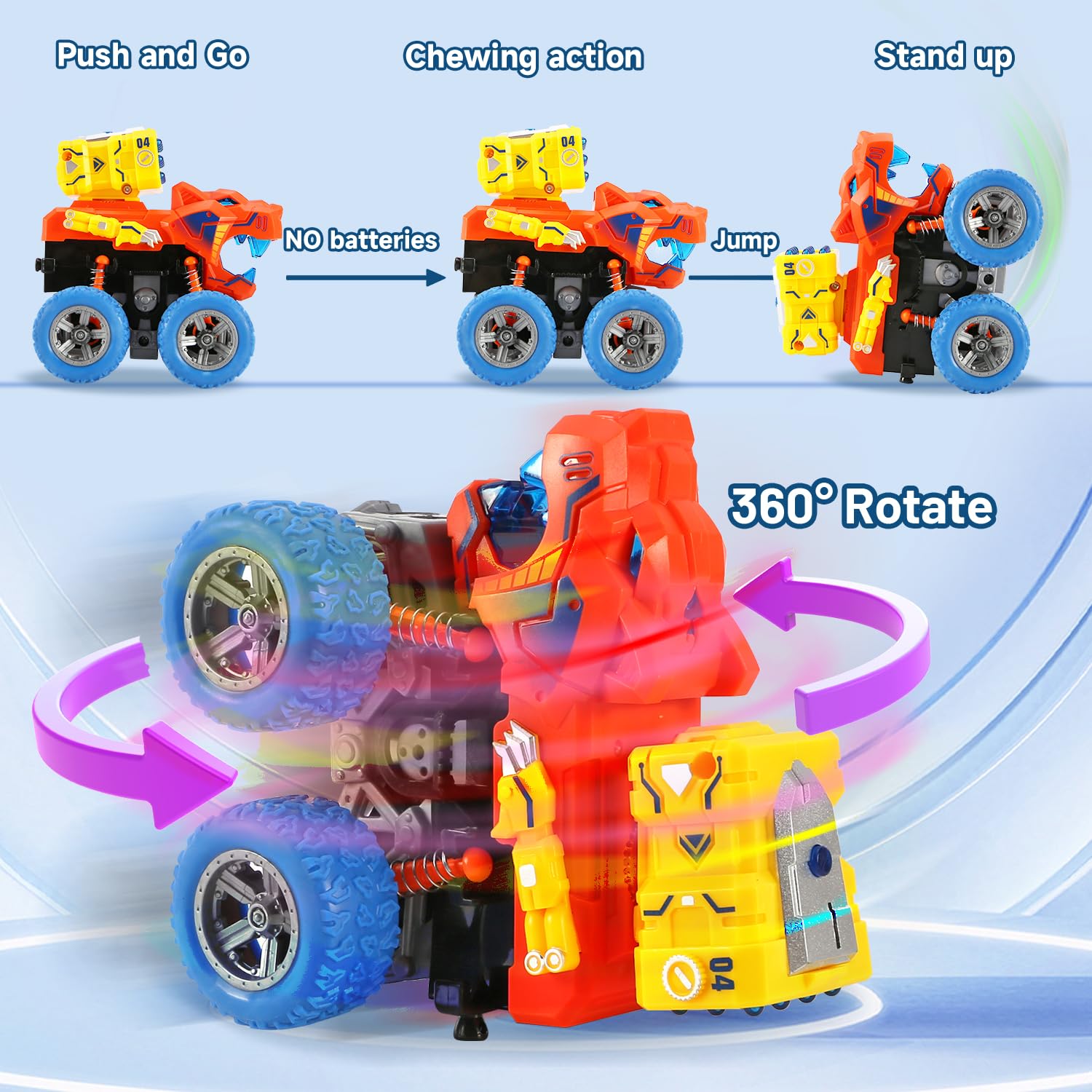 VUSUMOK 2-Pack Dinosaur Monster Trucks: Push-and-Go Toys with Lights and Sounds for Ages 2-7