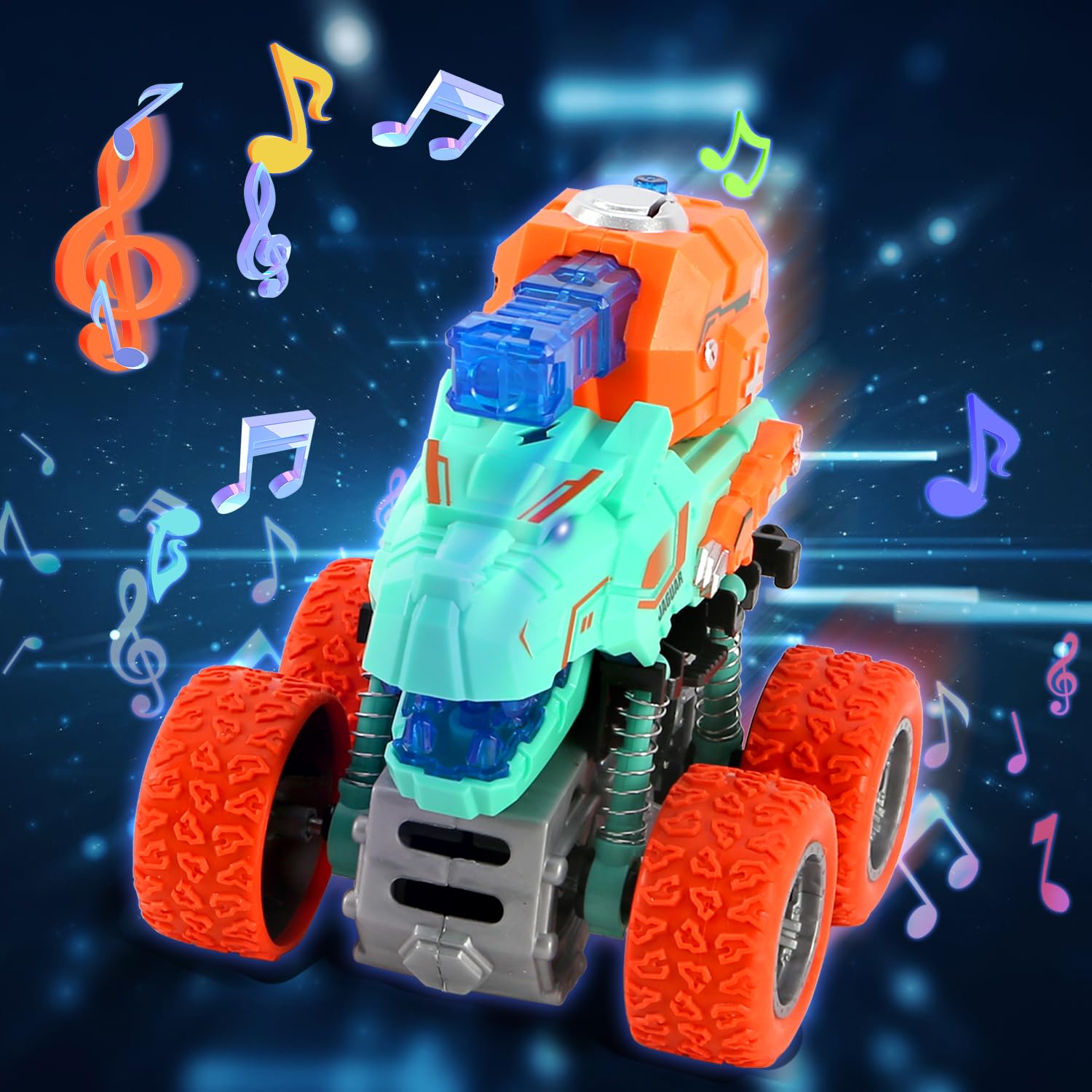 VUSUMOK 2-Pack Dinosaur Monster Trucks: Push-and-Go Toys with Lights and Sounds for Ages 2-7