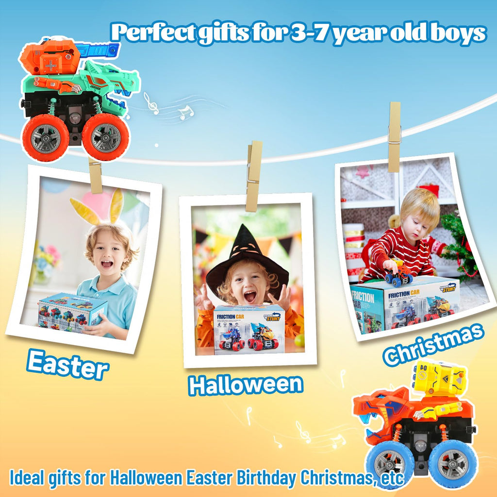 VUSUMOK 2-Pack Dinosaur Monster Trucks: Push-and-Go Toys with Lights and Sounds for Ages 2-7
