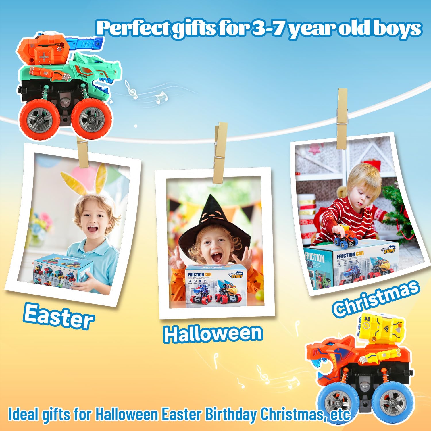 VUSUMOK 2-Pack Dinosaur Monster Trucks: Push-and-Go Toys with Lights and Sounds for Ages 2-7