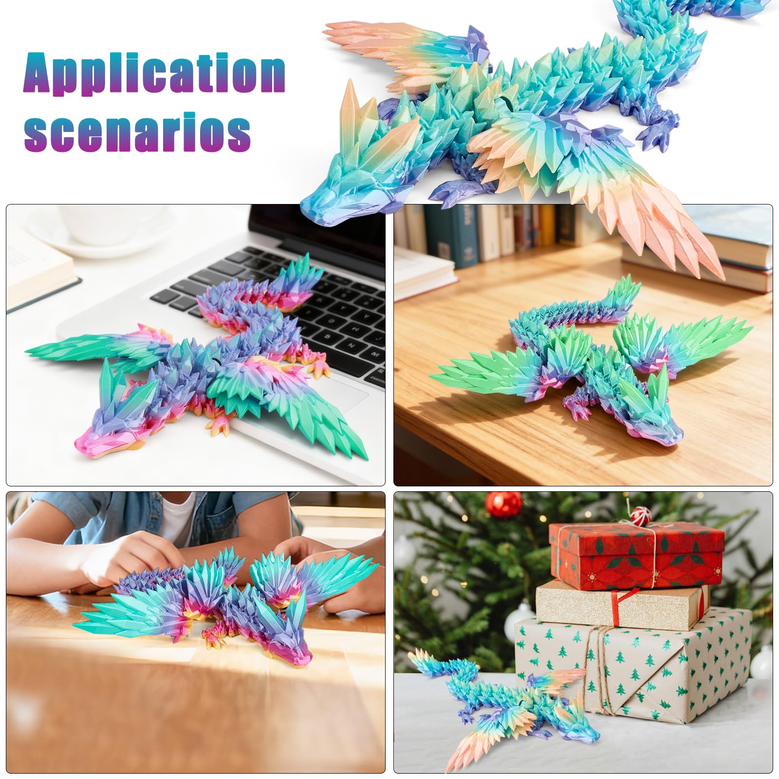 VUTIKPIX 18-Inch 3D Printed Articulated Crystal Dragon - Large Fidget Toy and Desk Decor, Fully Movable Wings, Eco-Friendly PLA