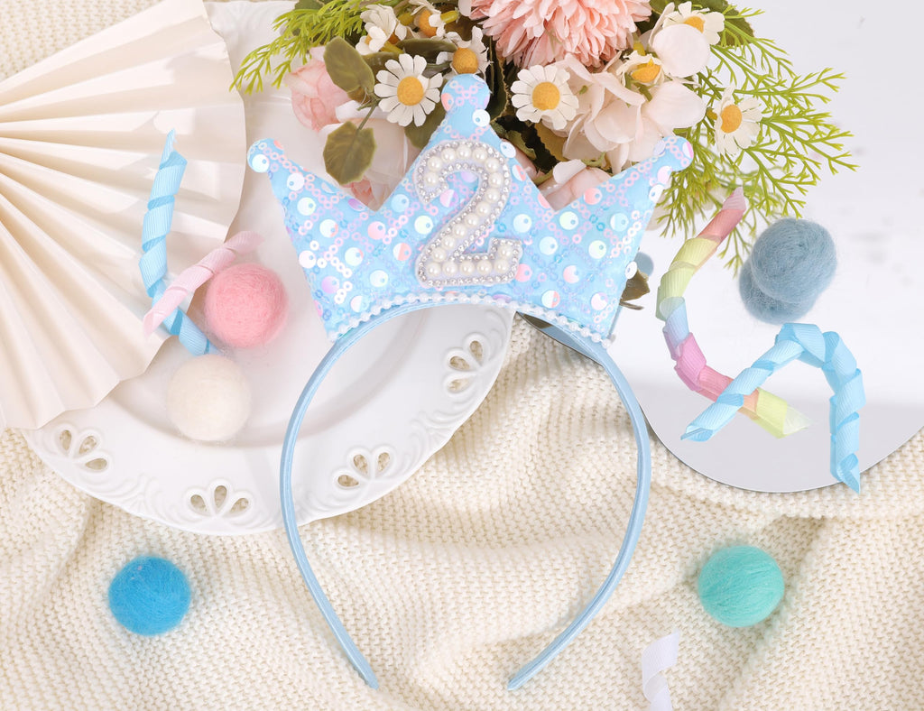 WAHAWU Blue 1st Birthday Headband – Glitter Sequin Crown Tiara with Pearls for Girls