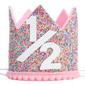 WAHAWU Rainbow Glitter Crown for Half Birthday Party - Handmade Felt Hat with Pompom, Elastic Strap, Kids Photo Prop