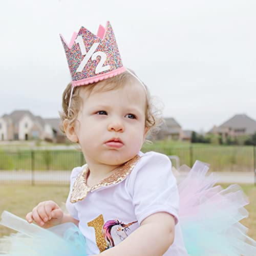WAHAWU Rainbow Glitter Crown for Half Birthday Party - Handmade Felt Hat with Pompom, Elastic Strap, Kids Photo Prop