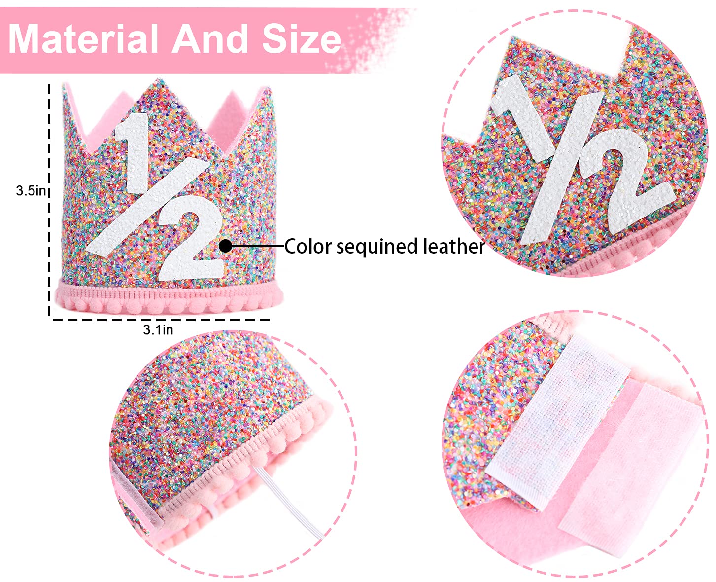 WAHAWU Rainbow Glitter Crown for Half Birthday Party - Handmade Felt Hat with Pompom, Elastic Strap, Kids Photo Prop