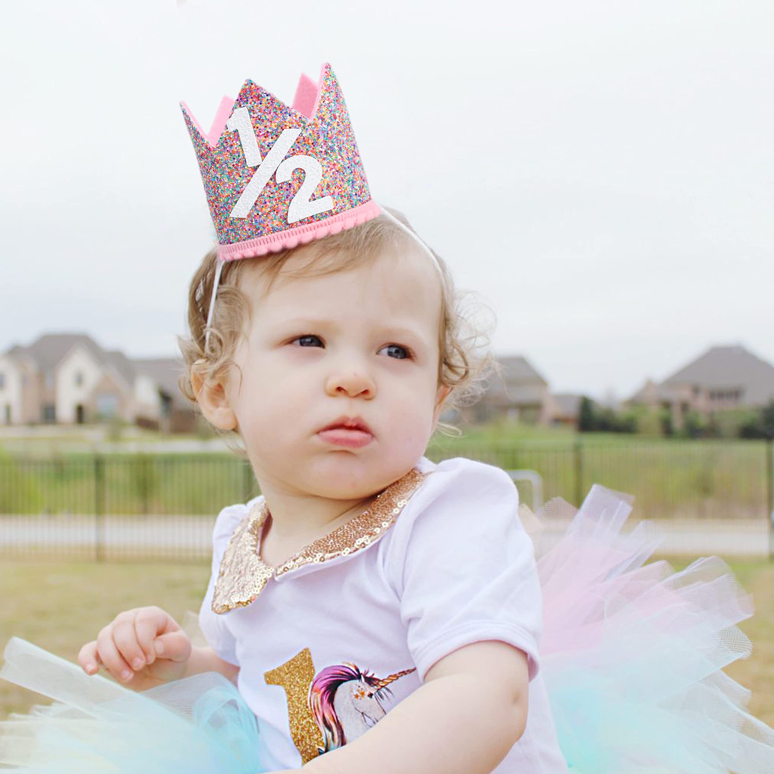 WAHAWU Rainbow Glitter Crown for Half Birthday Party - Handmade Felt Hat with Pompom, Elastic Strap, Kids Photo Prop
