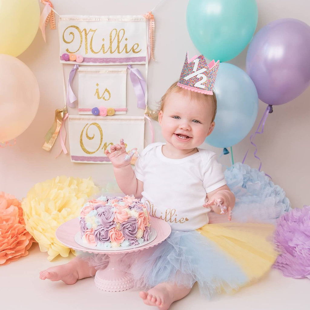 WAHAWU Rainbow Glitter Crown for Half Birthday Party - Handmade Felt Hat with Pompom, Elastic Strap, Kids Photo Prop