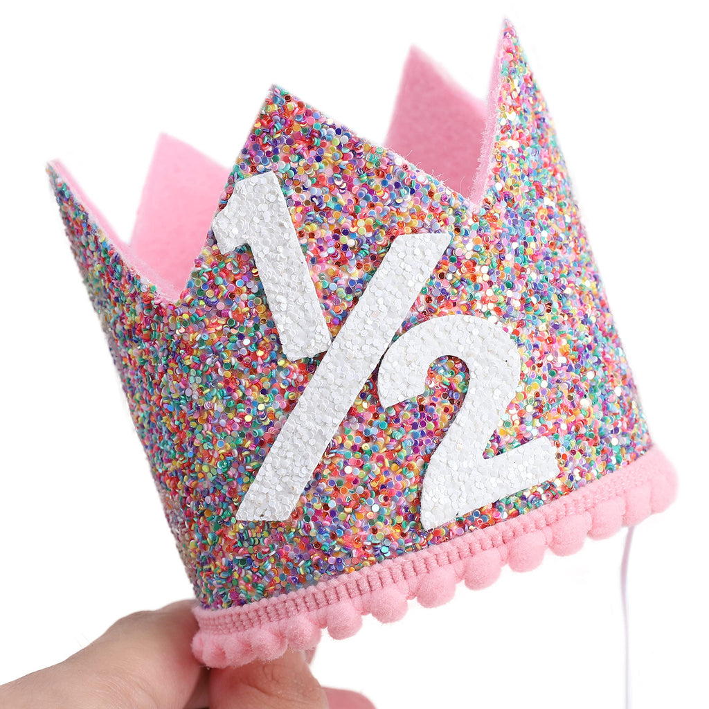 WAHAWU Rainbow Glitter Crown for Half Birthday Party - Handmade Felt Hat with Pompom, Elastic Strap, Kids Photo Prop