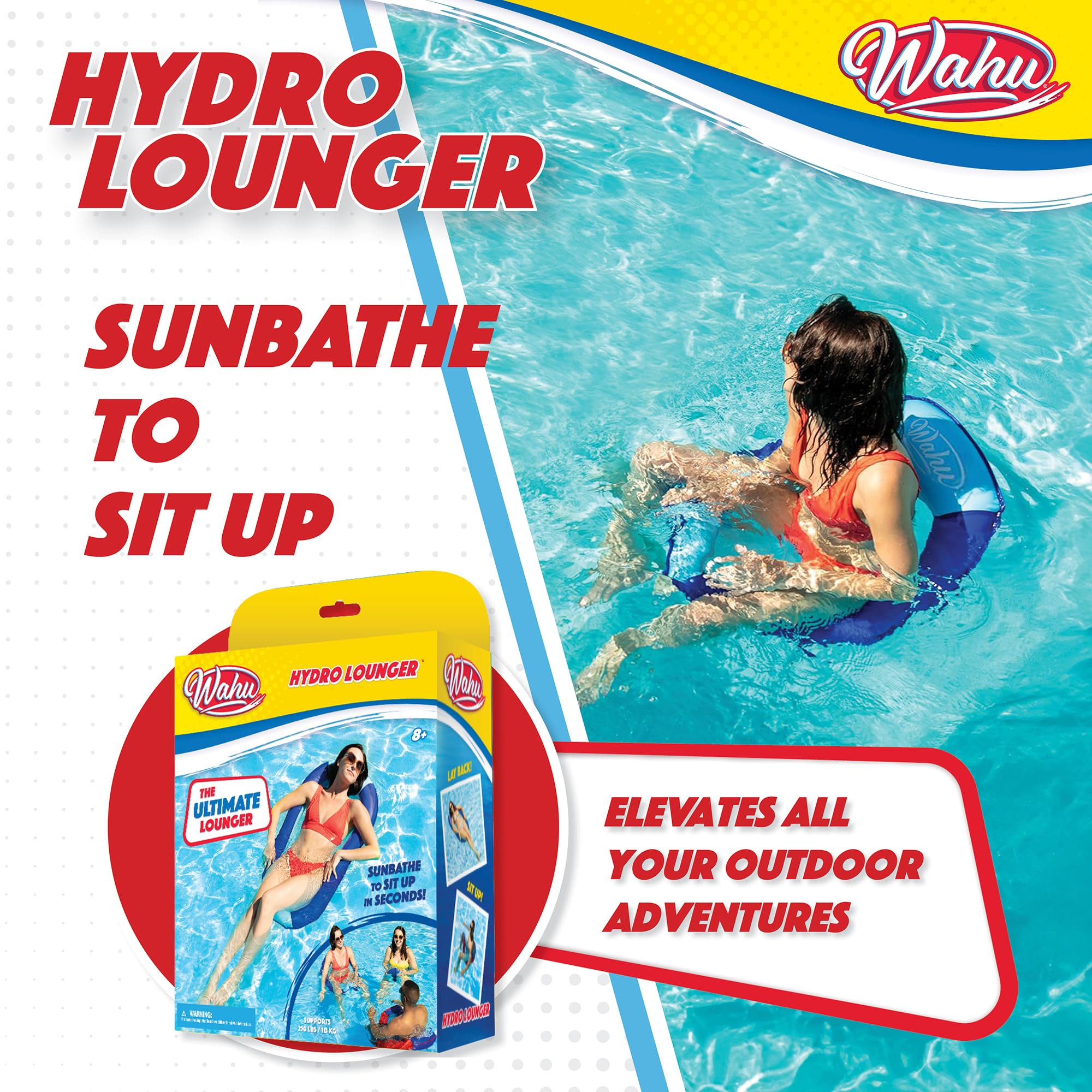 WAHU Hydro Lounger Inflatable Pool Float for Sunbathing, Sit-Up Design, Blue/Light Blue, Supports 250 lbs