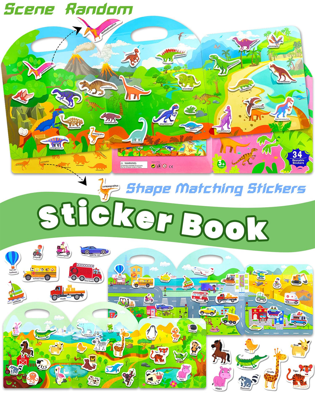Walenced Reusable Sticker Book for Toddlers – 104 Stickers, 3 Themes, Waterproof & Portable