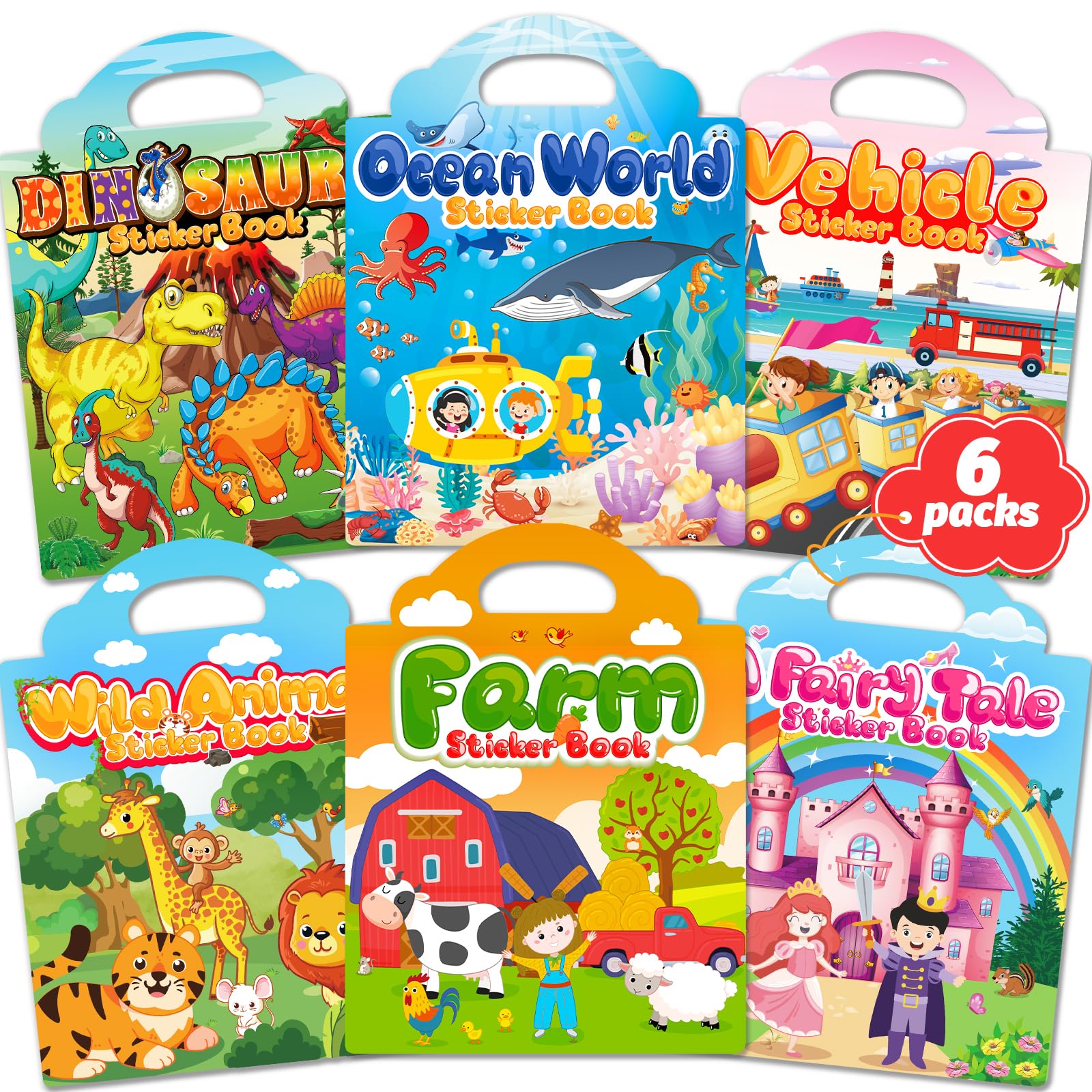 Walenced Reusable Sticker Book for Toddlers – 6 Themes of Waterproof PVC Stickers with Carry Handle