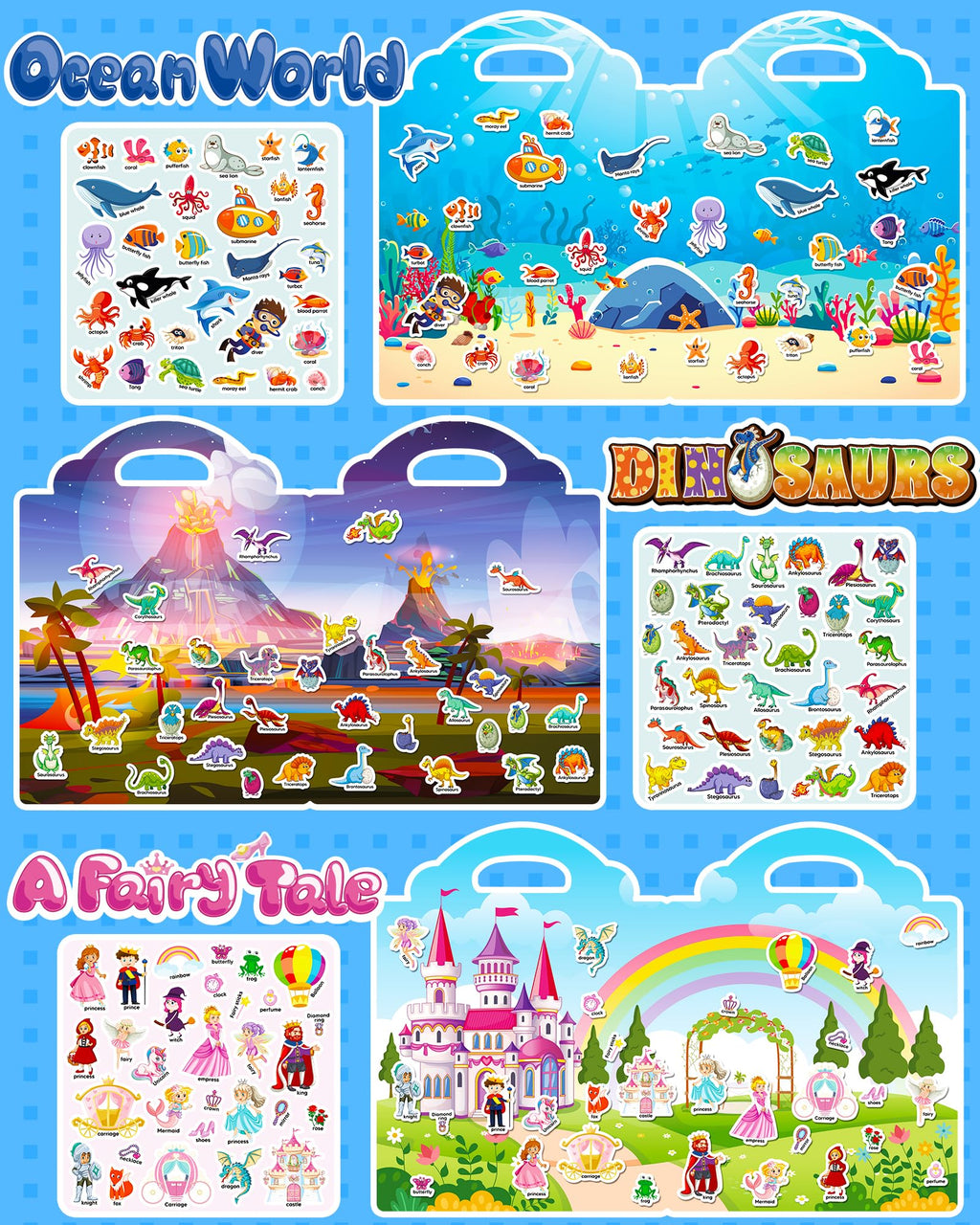 Walenced Reusable Sticker Book for Toddlers – 6 Themes of Waterproof PVC Stickers with Carry Handle