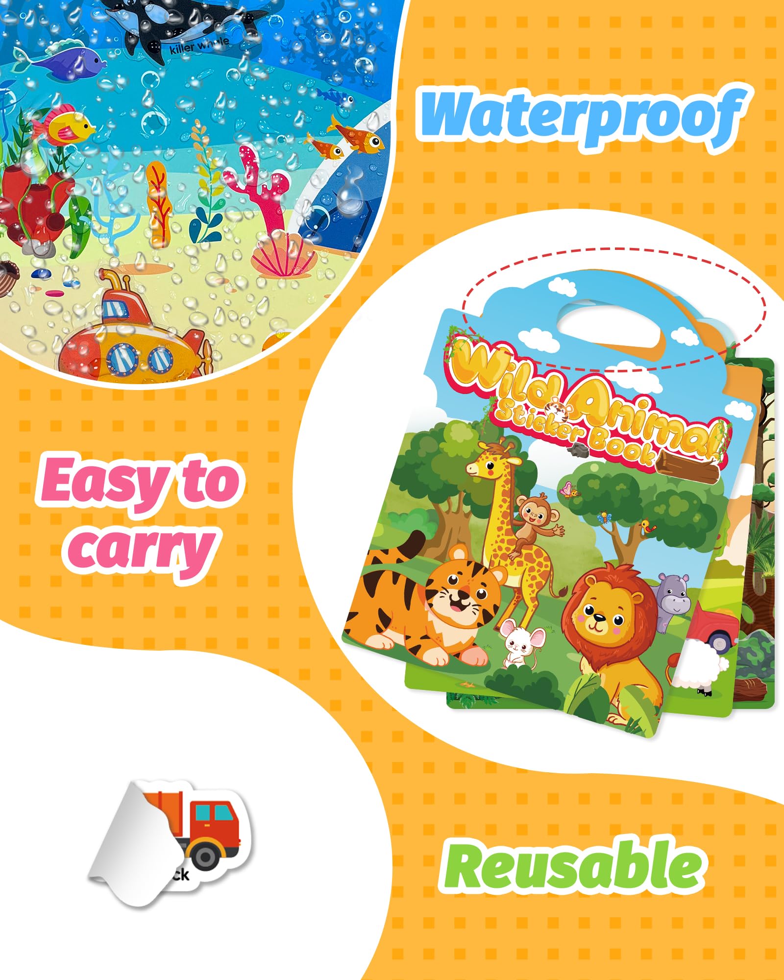Walenced Reusable Sticker Book for Toddlers – 6 Themes of Waterproof PVC Stickers with Carry Handle