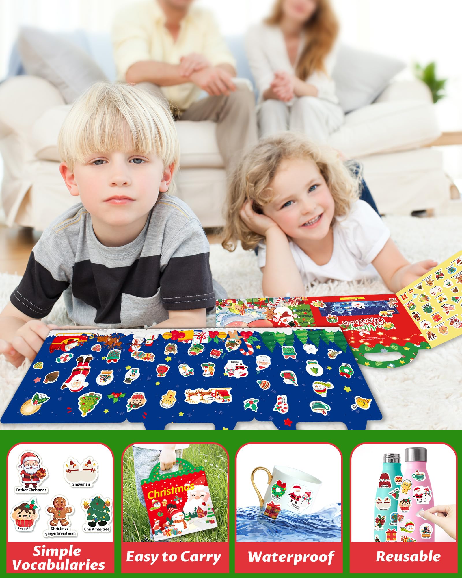 Walenced Reusable Sticker Book for Toddlers – 72 Christmas Stickers, Portable Travel Toy