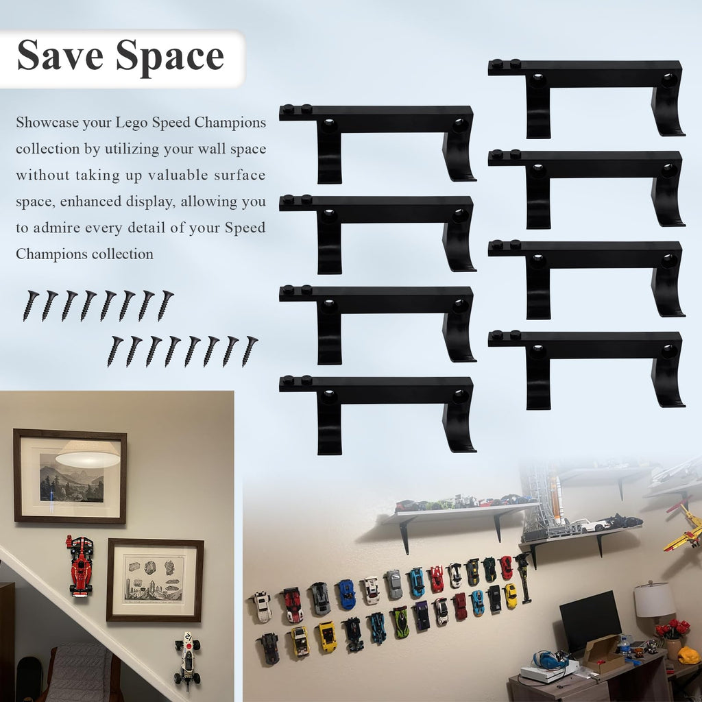 Wall Mount for Lego Speed Champions – 8 Pack Display Bracket with Base for Figures – Black