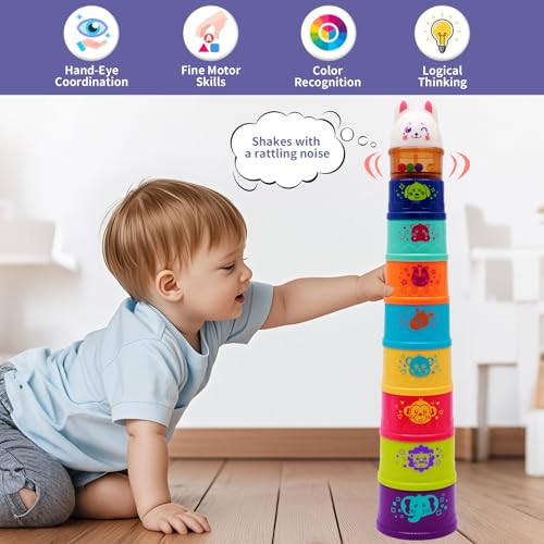 Wanonoo Bunny Baby Stacking Cups with Rattle Top – 9-Piece Nesting Toy for Toddlers 1-3