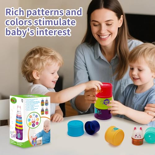Wanonoo Bunny Baby Stacking Cups with Rattle Top – 9-Piece Nesting Toy for Toddlers 1-3