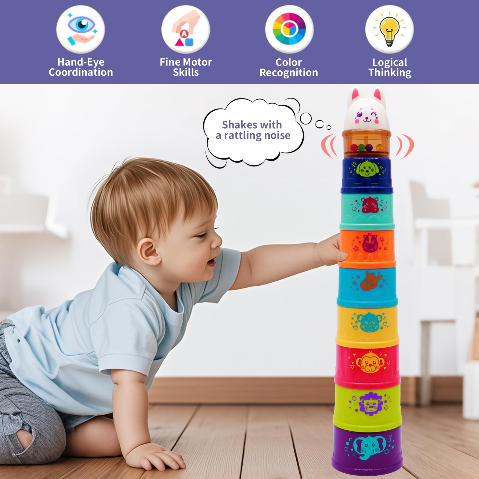 Wanonoo Bunny Baby Stacking Cups with Rattle Top – 9-Piece Nesting Toy for Toddlers 1-3
