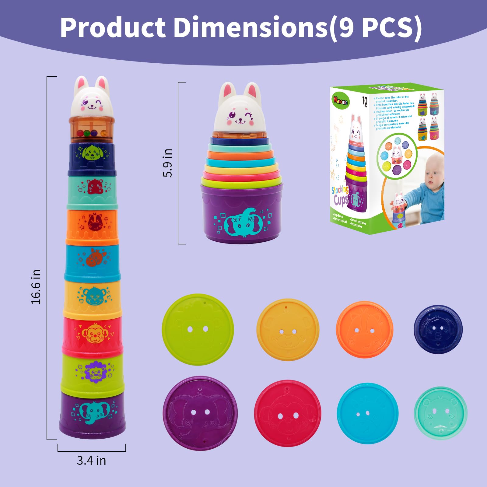 Wanonoo Bunny Baby Stacking Cups with Rattle Top – 9-Piece Nesting Toy for Toddlers 1-3
